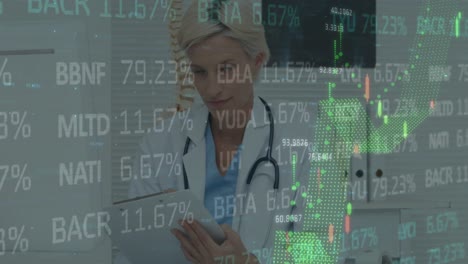 animation of financial data processing over female doctor