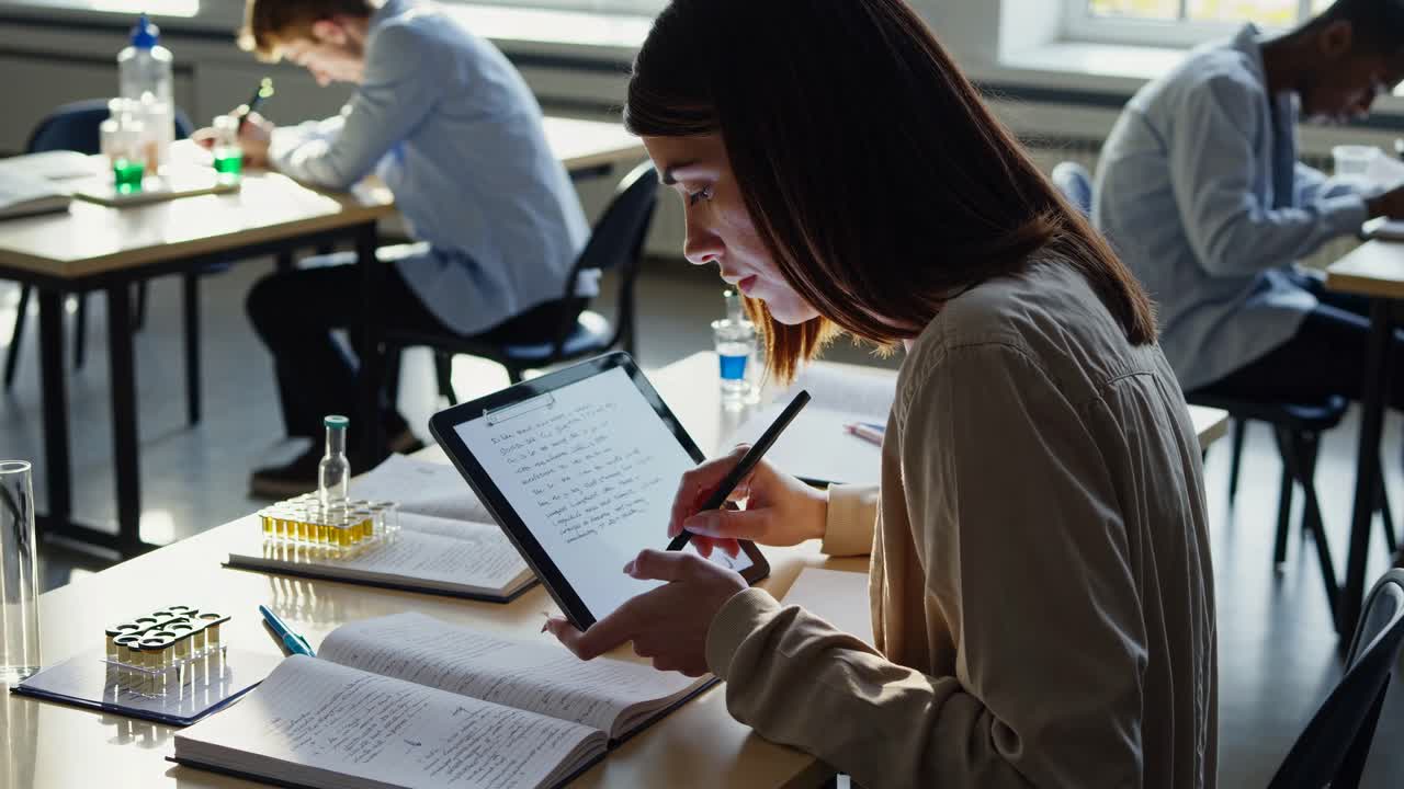 Student taking notes on a tablet in a science classroom