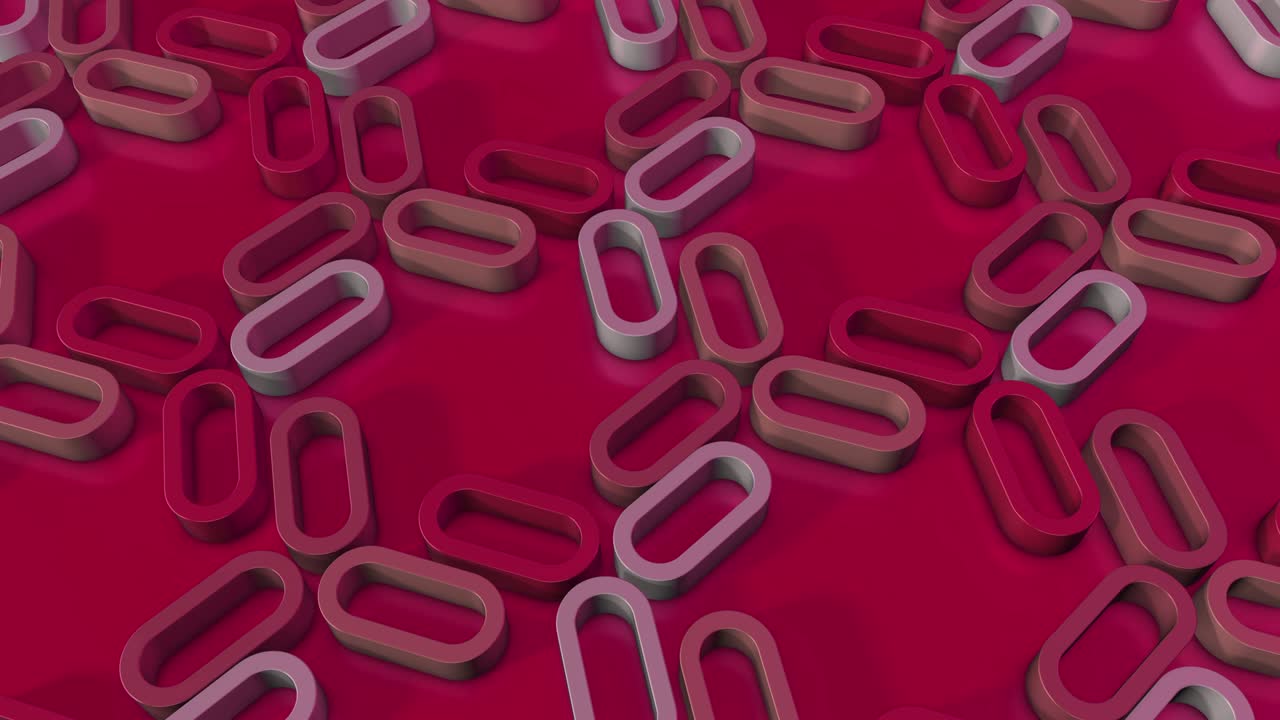 rendering simple minimalista en 3d con bucle de formas extrudadas giratorias. óvalos rojos carmesí, enlaces.