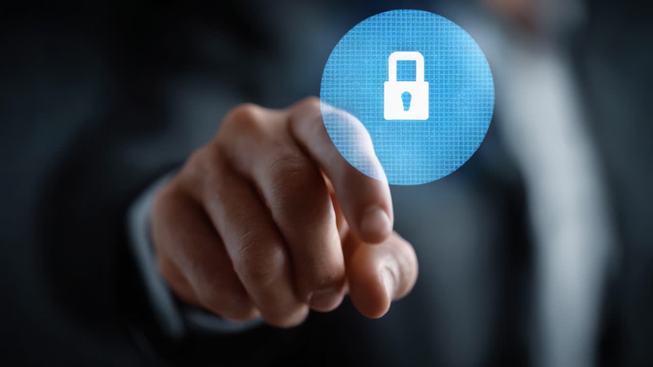 Engaging with Digital Security: A Business Professional Interacts with Lock Icons on a Touchscreen Display, Symbolizing Cybersecurity and Data Protection Concerns