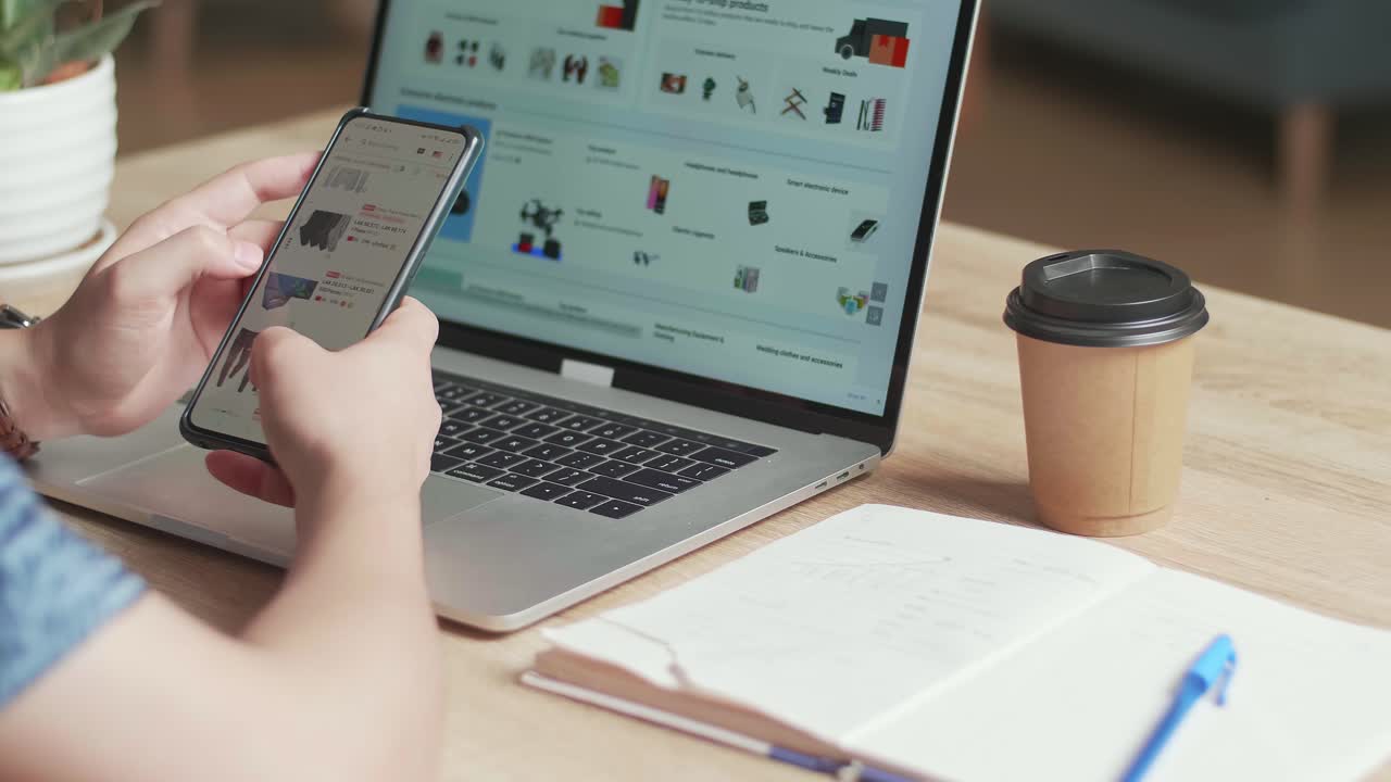 Man Use Mobile Phone And Laptop Computer Shopping Online, Video In 4K