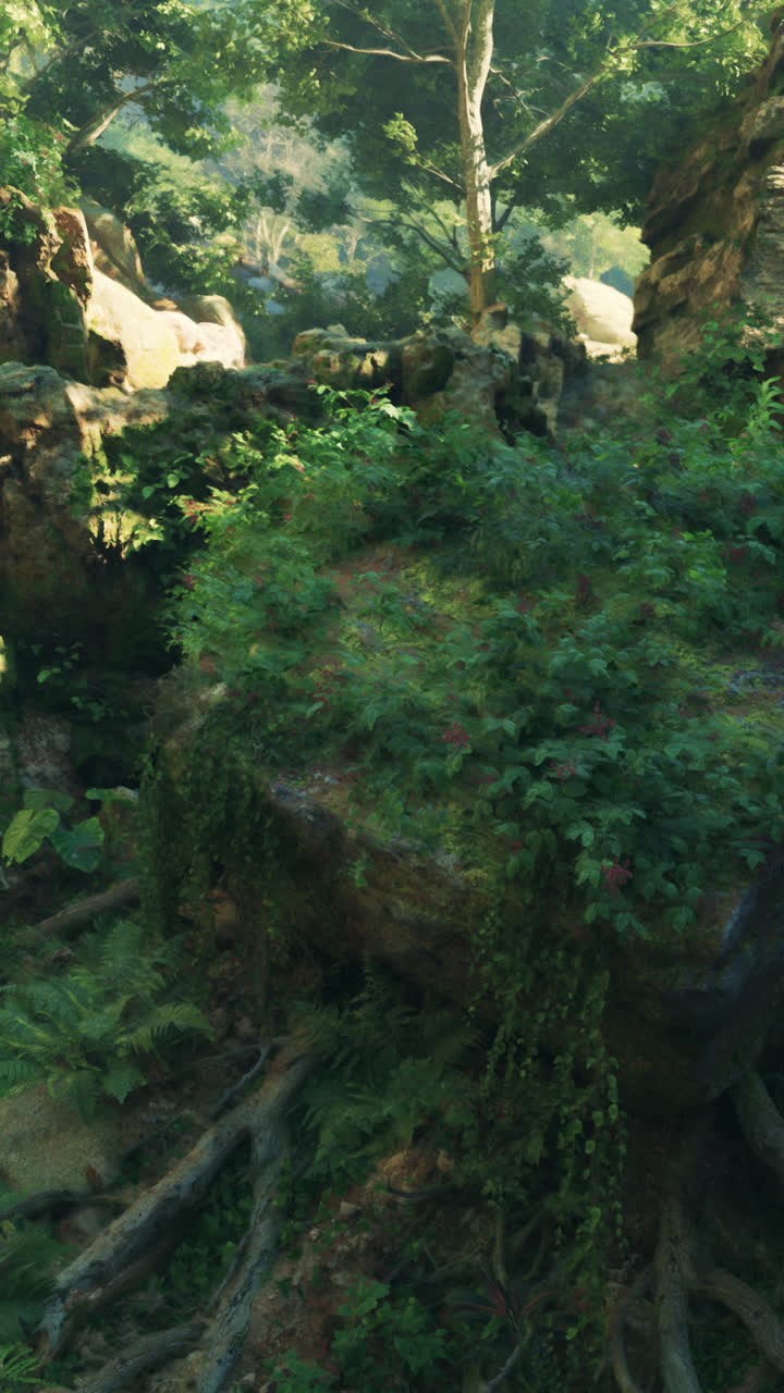 bosque verde exuberante con la luz del sol que fluye a través de los árboles