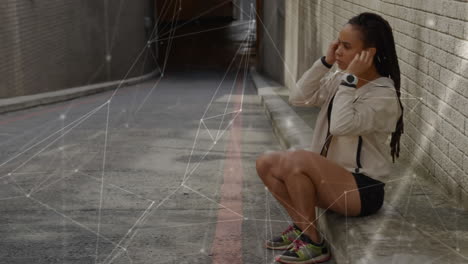 network of connections against african american fit woman wearing earphones on the street