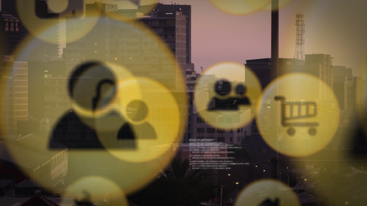 도시 풍경 위의 데이터 처리 및 아이콘의 애니메이션