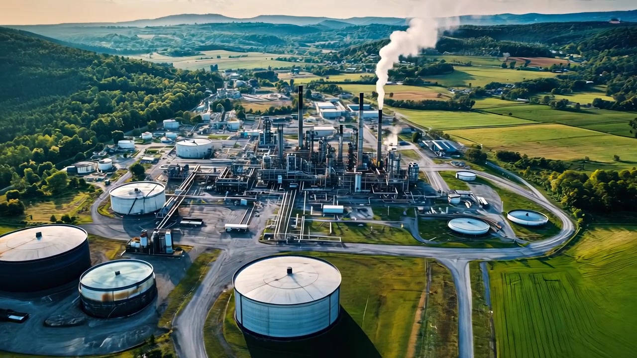Aerial View of Industrial Oil Refinery Emitting Smoke in Rural Landscape