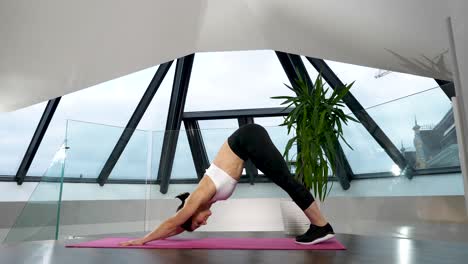 bending in a downward facing dog exercise position, a woman is doing a yoga pose stretching her arms and legs