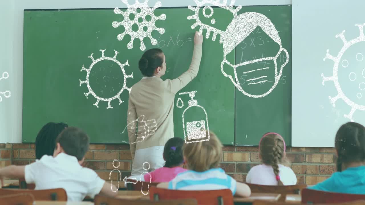 iconos del concepto de coronavirus contra la enseñanza de la maestra en la clase