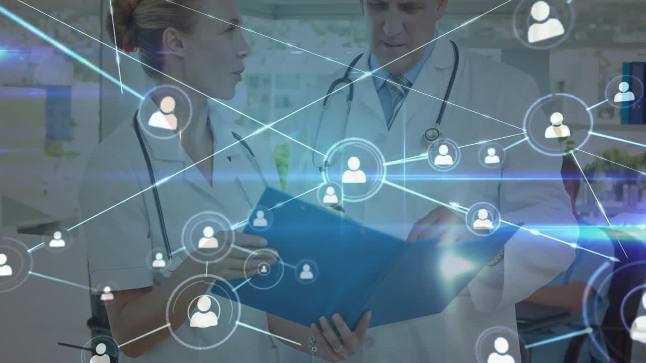 two doctors reviewing blue folder in medical office, showing animated user-icon network overlay