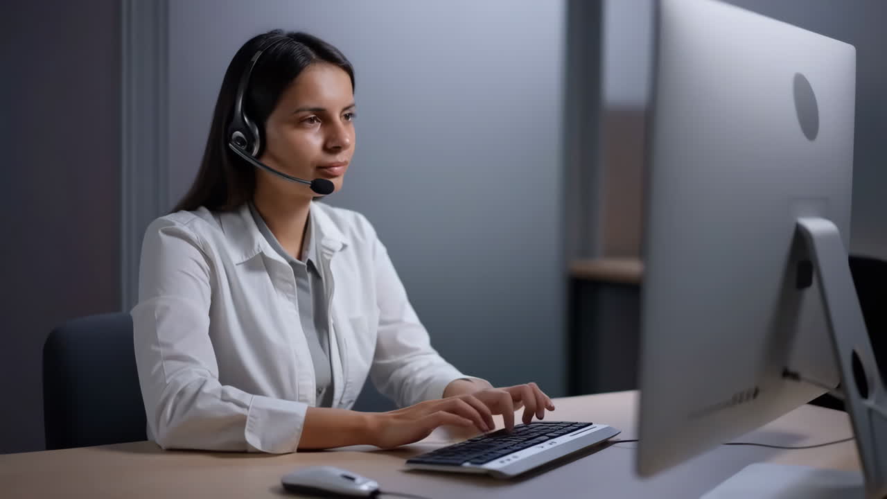 Young woman working at a computer with a headset, providing customer service or support