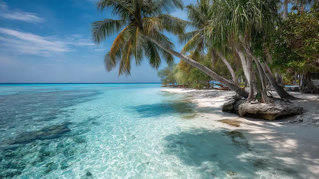 Paradiso Tropicale: Una vista mozzafiato di acque cristalline e palme lussureggianti su una spiaggia serena, perfetta per il relax e la fuga.