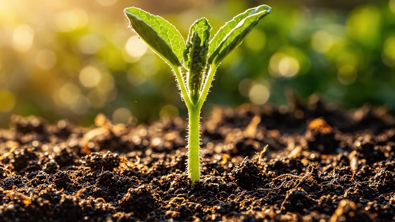 Un giovane germoglio verde emerge da terreno fertile, a significare nuovi inizi e crescita, su uno sfondo lussureggiante con illuminazione soffusa e bellezza naturale.