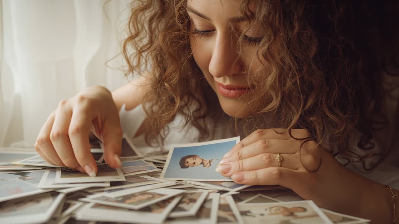 Sorting woman wearing long-sleeve top handling instant prints on low table at home, ring showing
