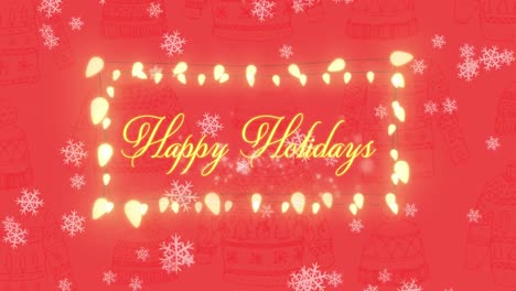 Snowflakes-falling-over-Happy-Holidays-text-and--fairy-lights-on-red-background