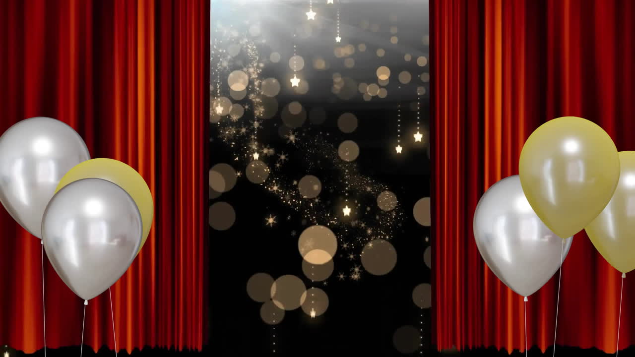 Animazione di palloncini dorati e argentati e tende rosse su sfondo nero.