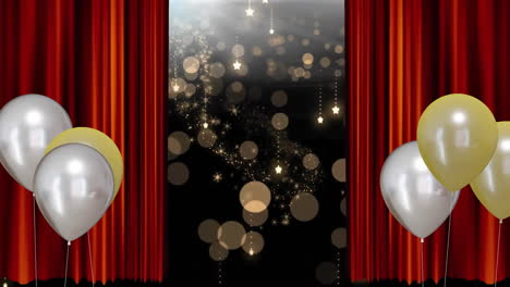 animation of gold and silver balloons and red curtains on black background