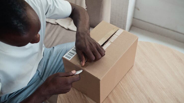 Black Man Cutting Tape on Cardboard Box with Parcel