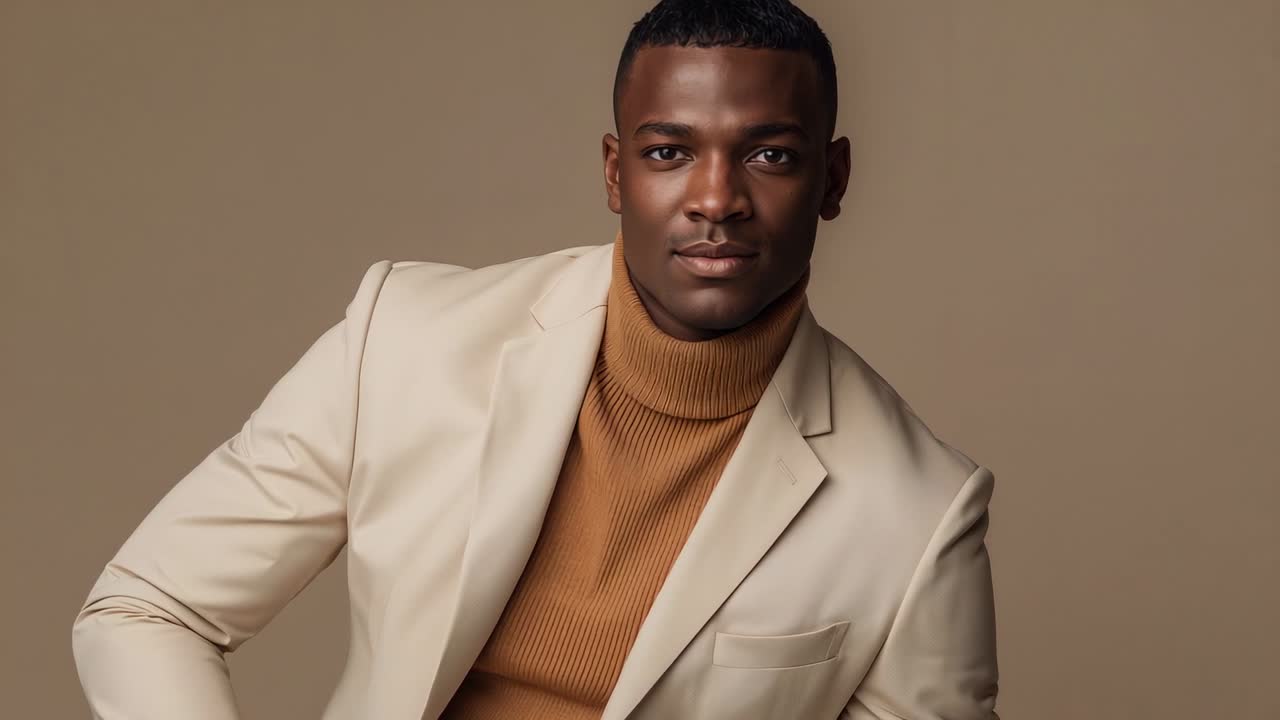 Uomo che sposta le spalle, inclina la testa e chiude gli occhi a comando in uno studio fotografico, con maglione color ruggine e blazer