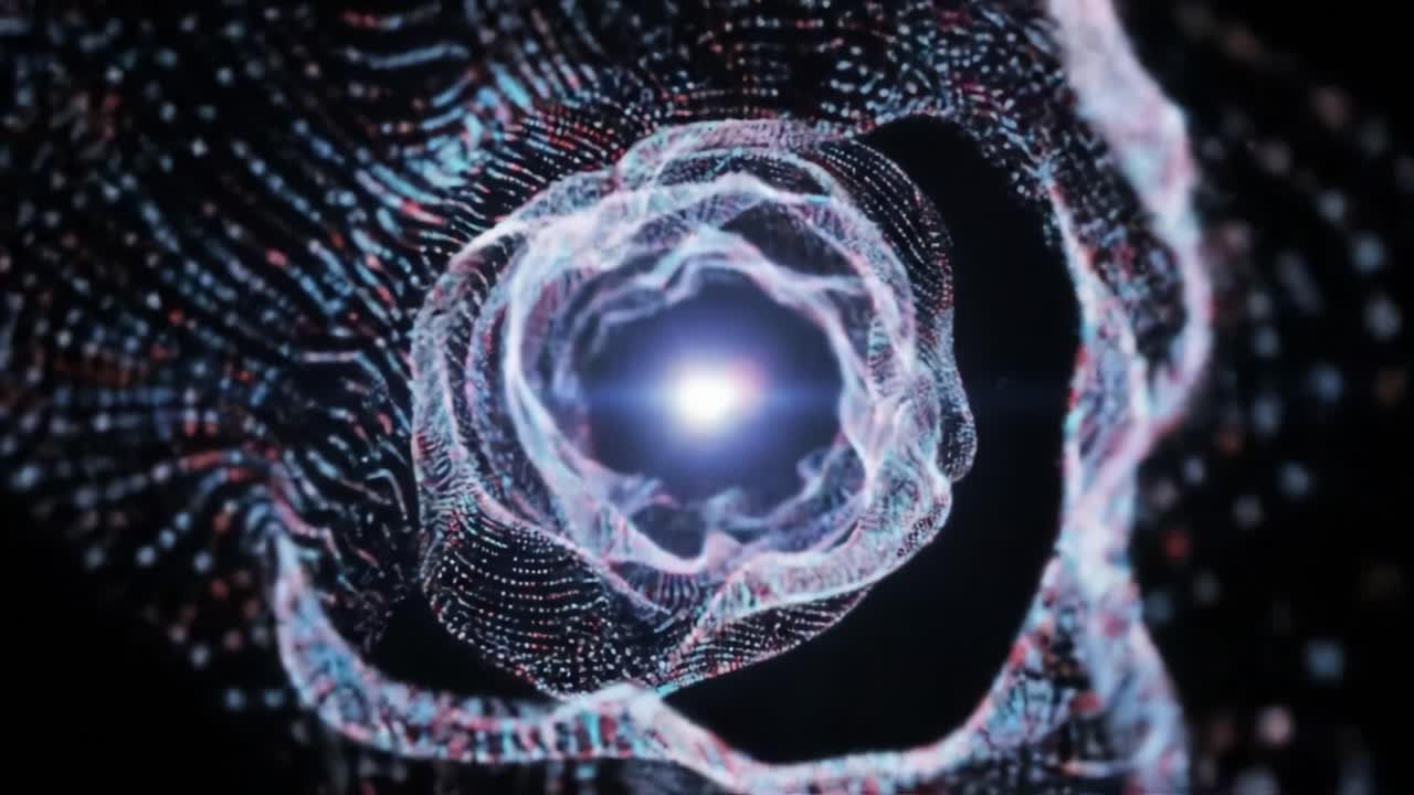 A captivating animation showcases a swirling vortex of light and energy, drawing viewers into a digital world filled with glowing particles and intricate patterns.