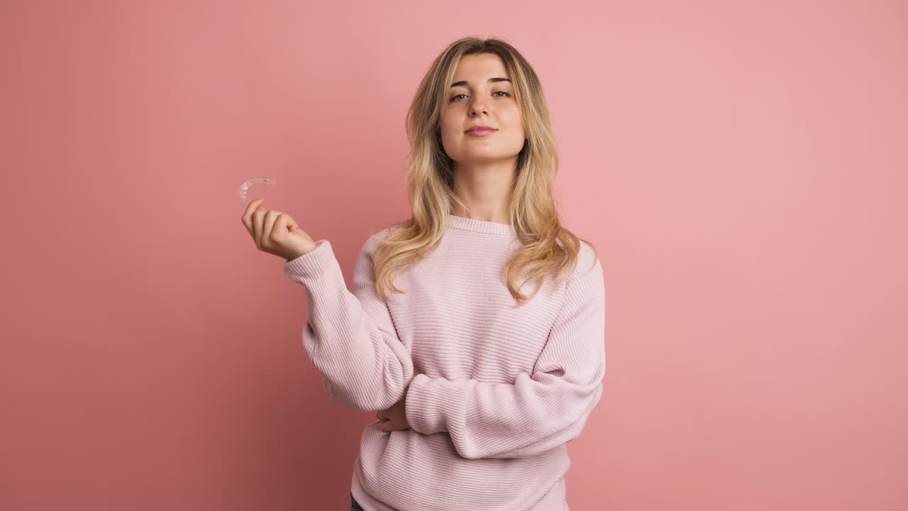 Woman presenting transparent braces for perfect smile