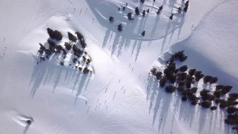 aerial view of people skiing and snowboarding on hill, ski resort