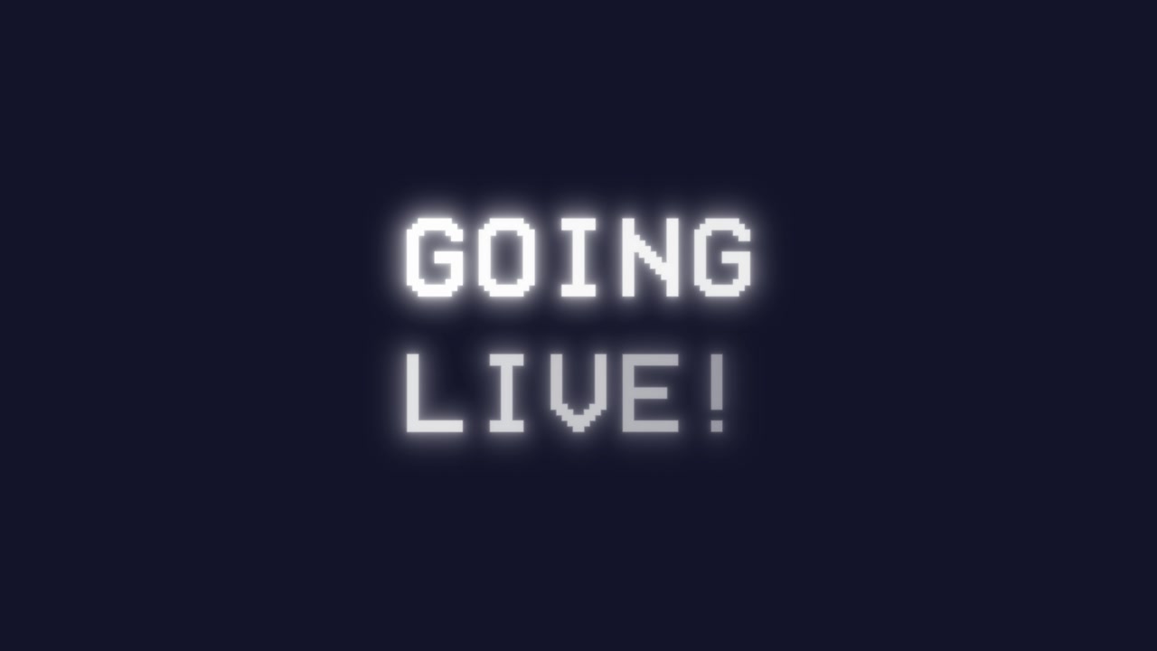 Animerede 'Går Live'-tekstmeddelelse med glødende progressiv skrivemaskineeffekt. Hvide pixelerede bogstaver på mørk signaludsendelsesstart for streamingplatforme.