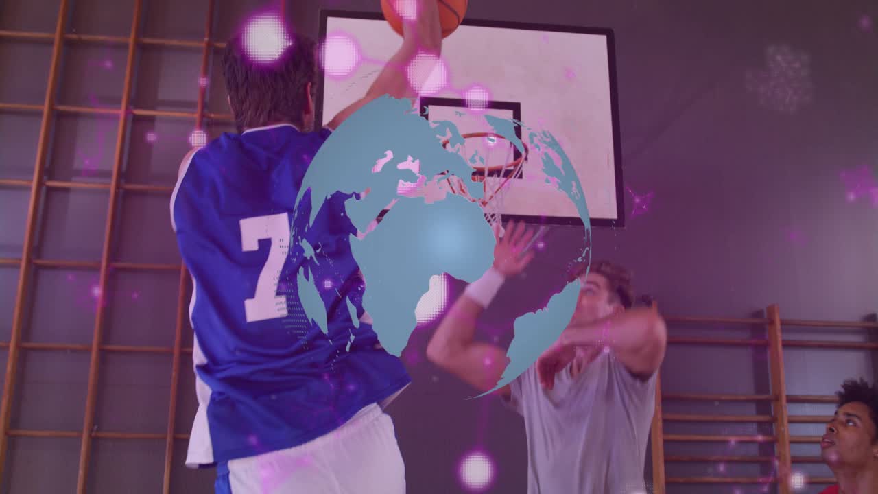 Blue #7 receiving pass, driving in sports gym, elevating, trying to score, globe obscuring ball