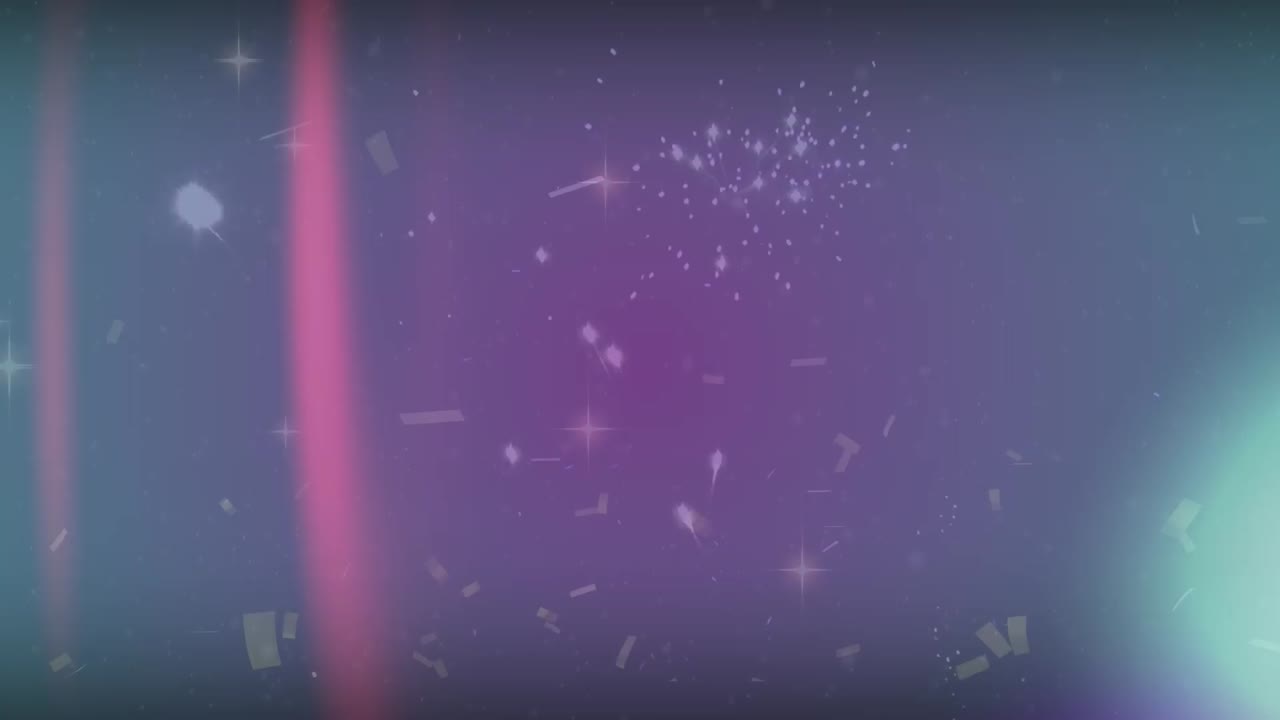 animación digital de confeti cayendo, puntos de luz y fuegos artificiales explotando sobre un fondo negro