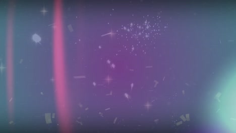 animación digital de confeti cayendo, puntos de luz y fuegos artificiales explotando sobre un fondo negro