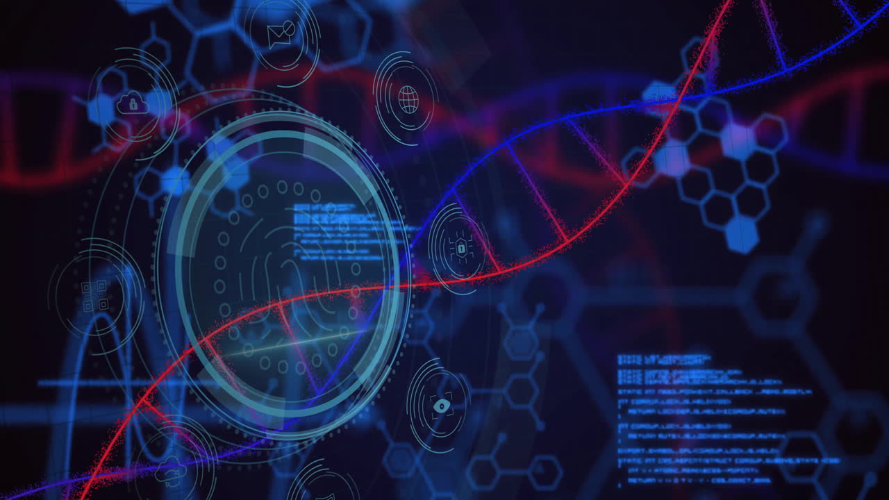 animación de la cadena de adn, procesamiento de datos sobre huellas dactilares biométricas