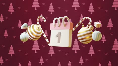 animation of calendar with 1 number date and christmas decorations and tree pattern