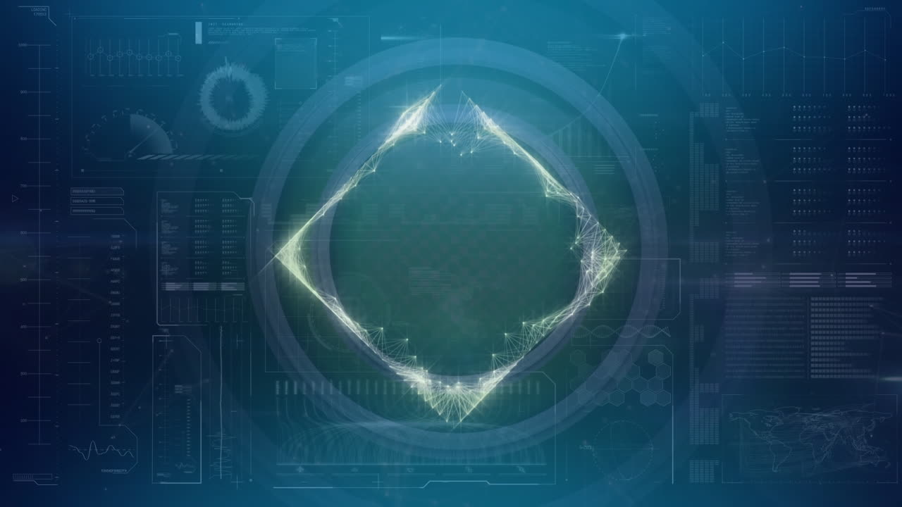 Animation of square over blue screen with diverse data