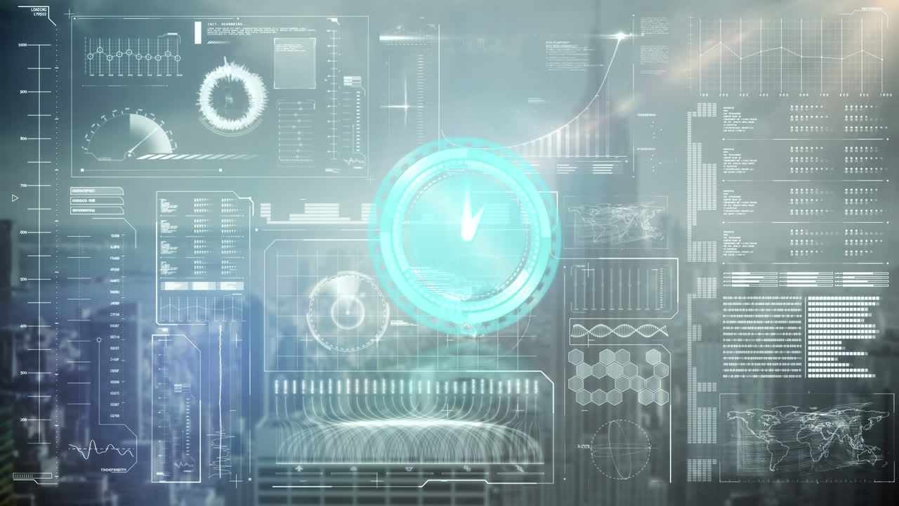 Animation of clock over digital interface over cityscape