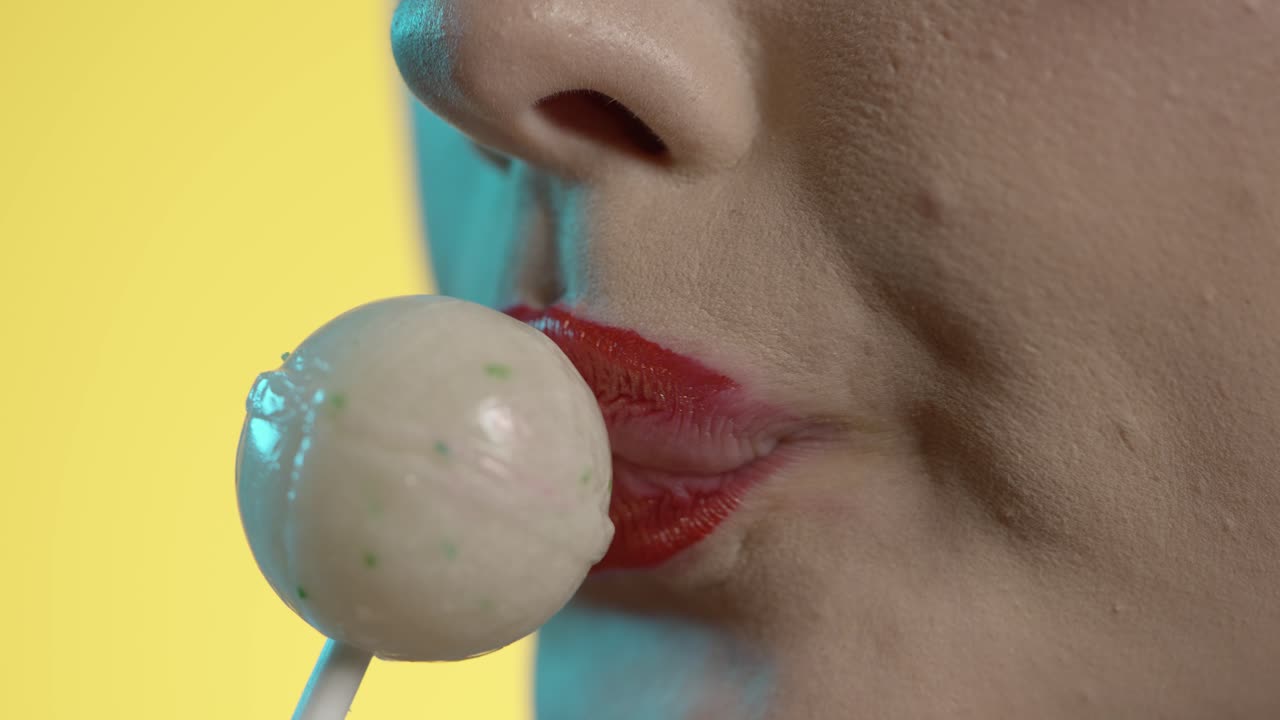 mujer lamiendo helado con su lengua, boca en primer plano en fondo amarillo