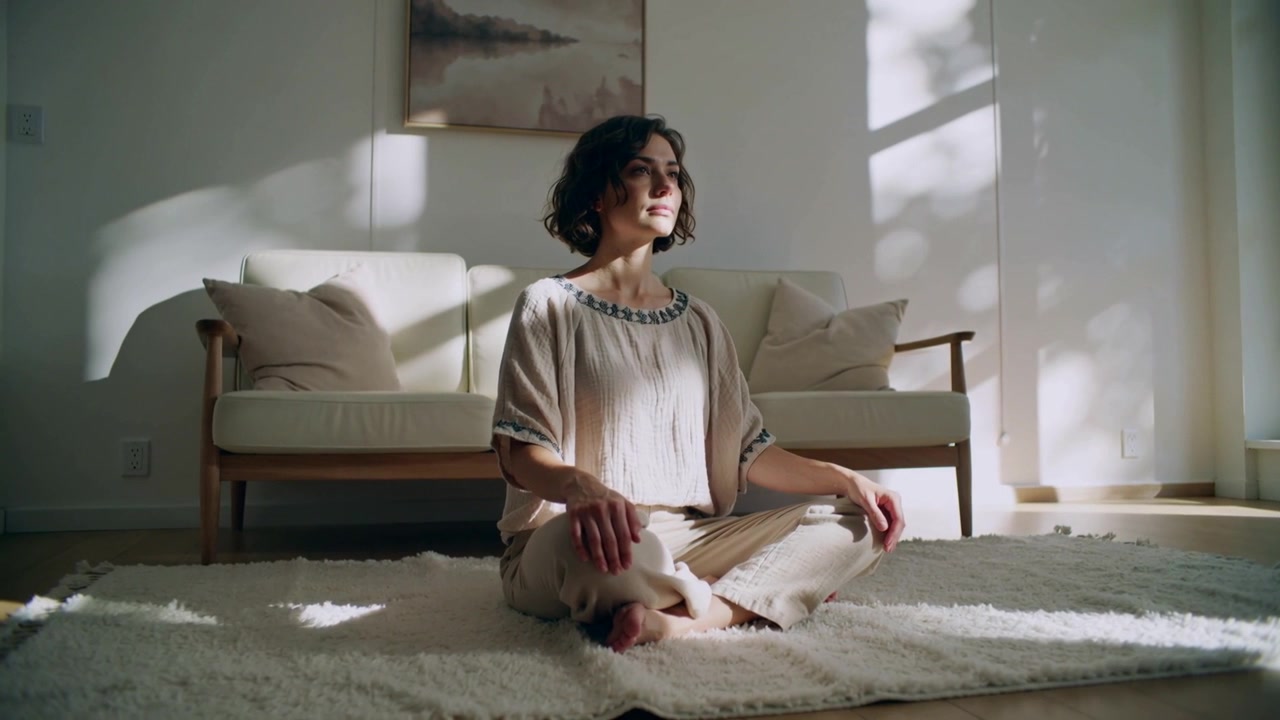 Donna in abbigliamento da casa che si raddrizza, sollevando il mento e girandosi verso la finestra mentre la luce del sole si sposta, con un tappeto.