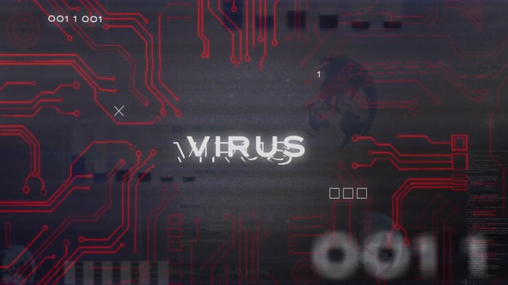 Animation of virus text over motherboard network processing data on black background