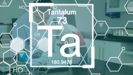 Animation-of-chemical-formulas-and-elements-over-caucasian-male-lab-worker-with-microscope