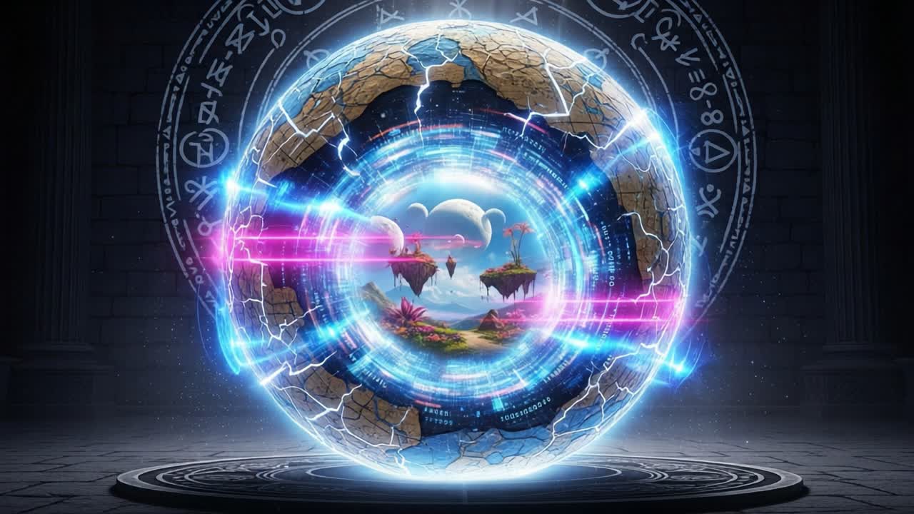A Stunning Digital Sphere Floating in Enigmatic Space, Showcasing an Imaginary Landscape with Ethereal Islands and Surreal Landscapes Within a Mystical Portal