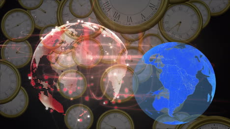 animation of global network over clocks and world map