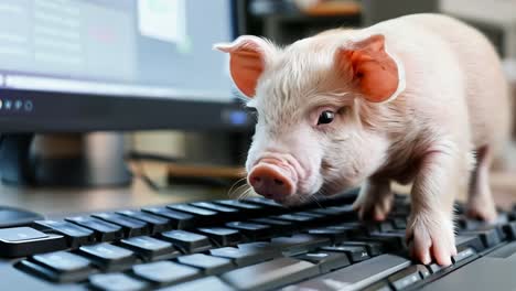 a small pig standing on top of a computer keyboard