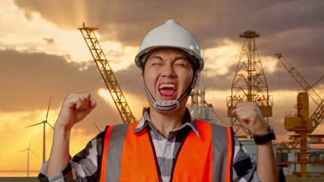 ingeniero emocionado en la plataforma petrolera