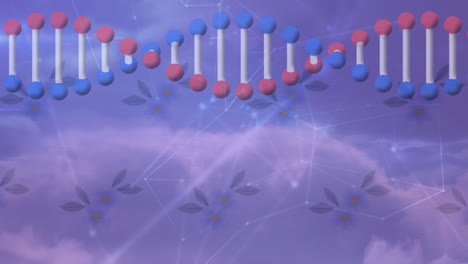 Animation-of-dna-strand-spinning-and-data-processing-on-purple-background