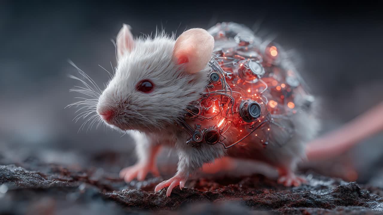 A Futuristic Rodent: A Cybernetic Mouse with Luminescent Components Showcasing Advanced Technology and Nature's Marvel in a Unique Blend