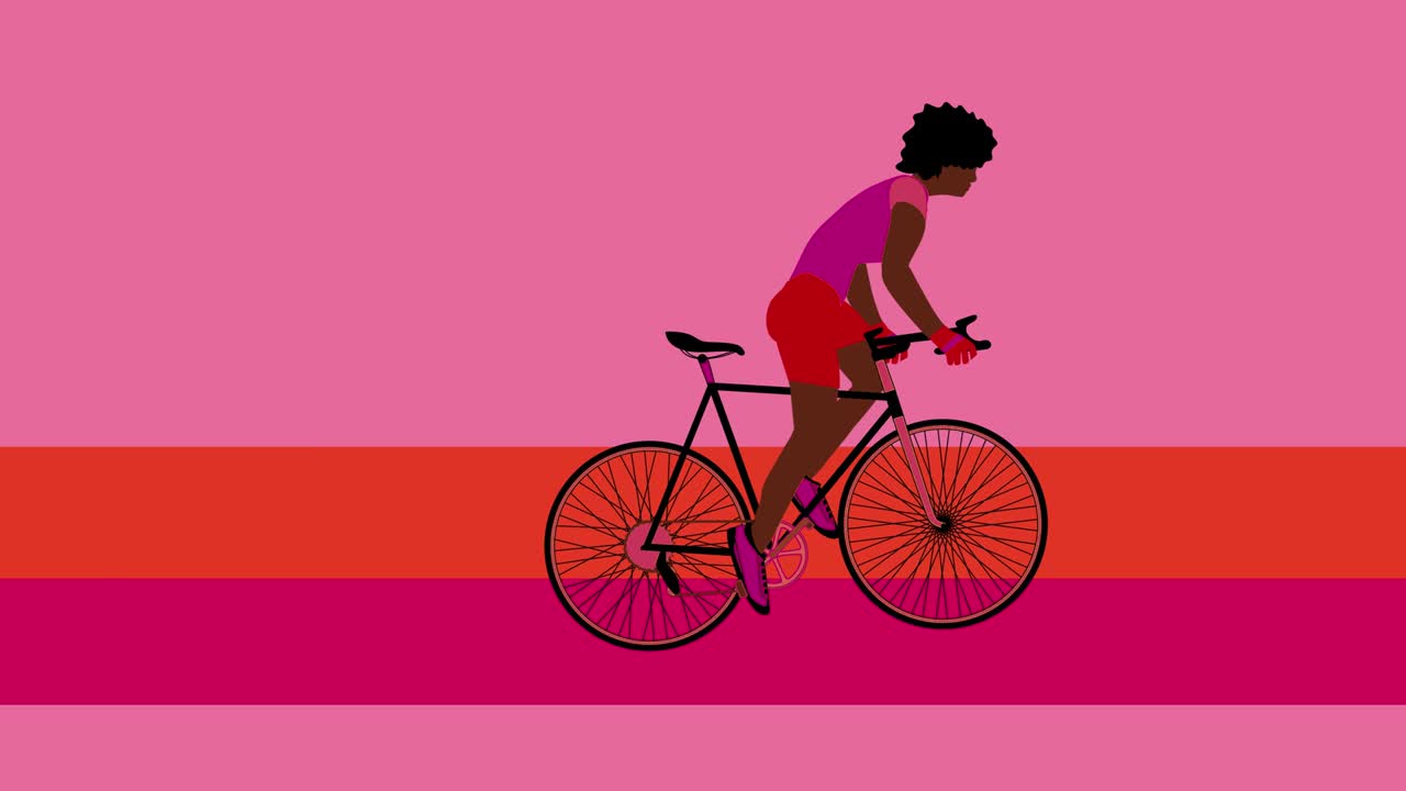 아프리카계 미국인 자전거 타는 사람이 분홍색 배경에서 자전거를 타고 있습니다. 만화 애니메이션, 평평한 디자인, 루프 4k