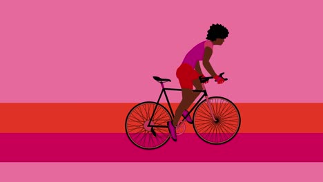 african american cyclist is riding bicycle on the pink background.cartoon animation, flat design, loop 4k