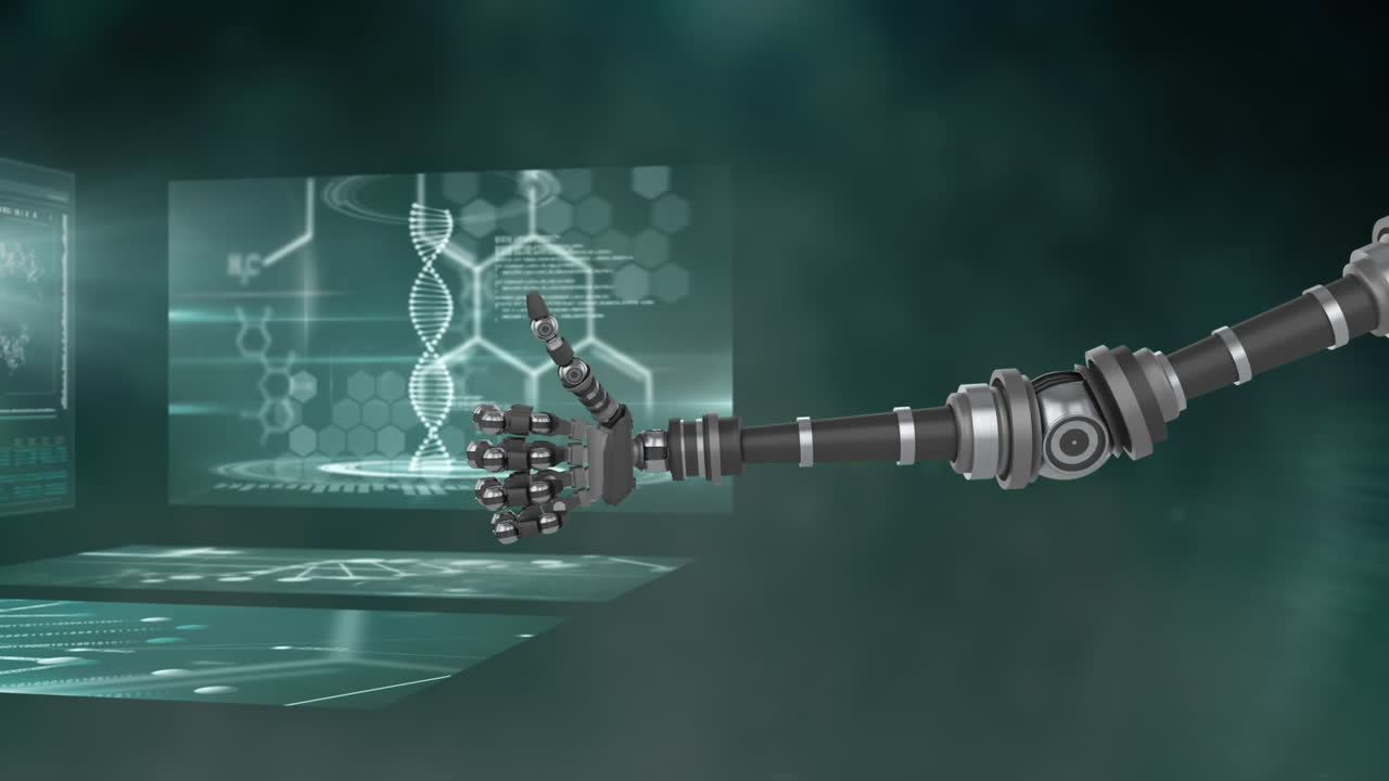 manos robóticas gestando pulgares hacia arriba y procesamiento de datos médicos