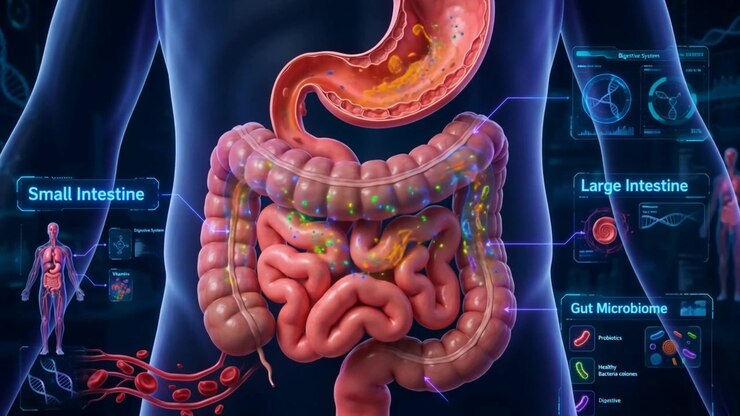 Animated intestines with gut microbiome HUD graphics overlaying a scientific display