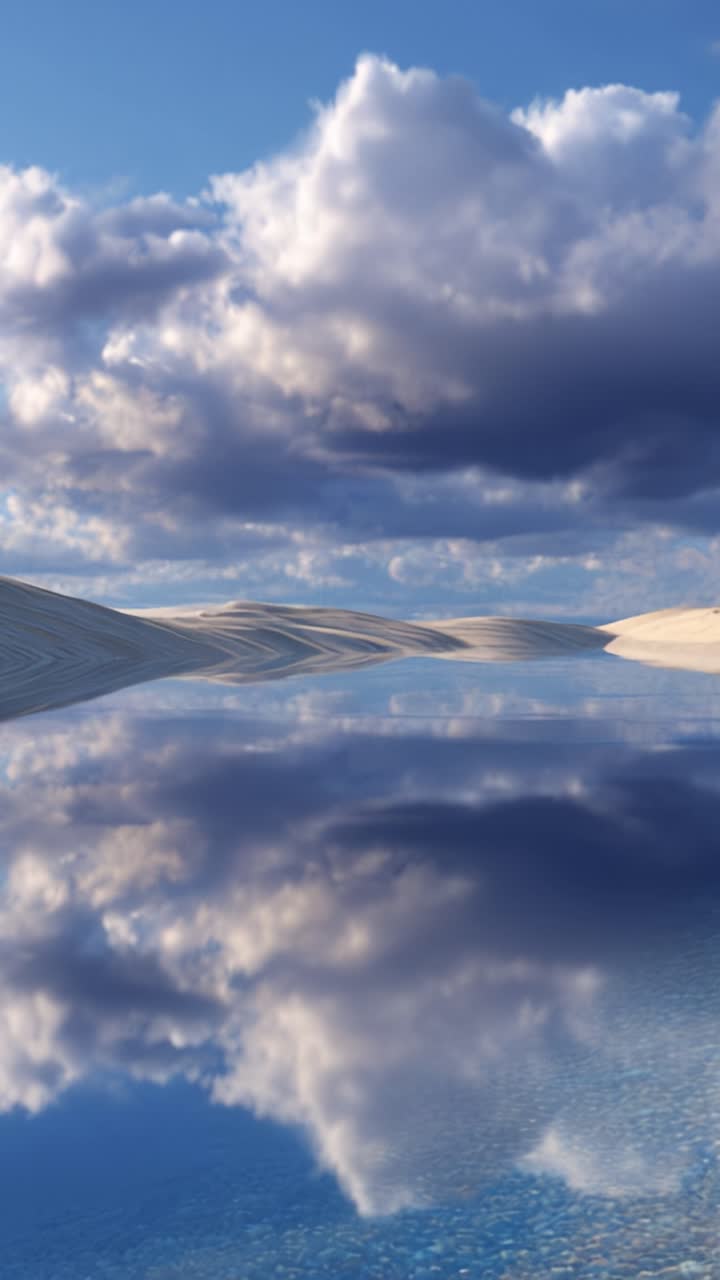 Riflessi sereni di cieli nuvolosi su acque tranquille e dune sabbiose sotto cieli azzurri e luminosi, creando un paesaggio pittoresco di bellezza naturale