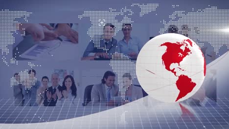 animación del globo con conexiones y mapa del mundo sobre reuniones de negocios