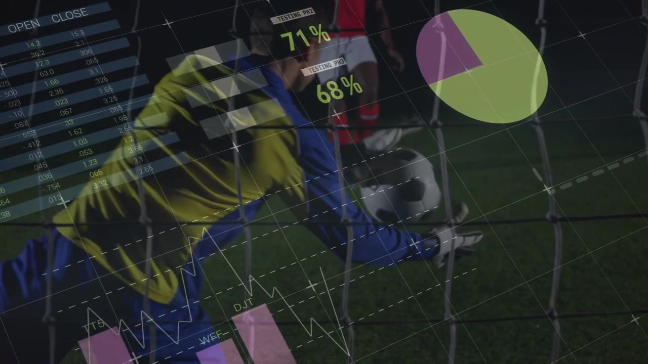 Animazione di grafici e dati sulle gambe di un calciatore afroamericano allo stadio