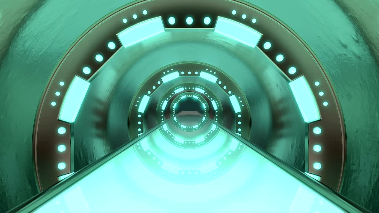 Panoramic view to the spaceship landscape scene. 3d abstract background of Sci-fi corridor. Futuristic technology abstract seamless VJ for tech titles and background.